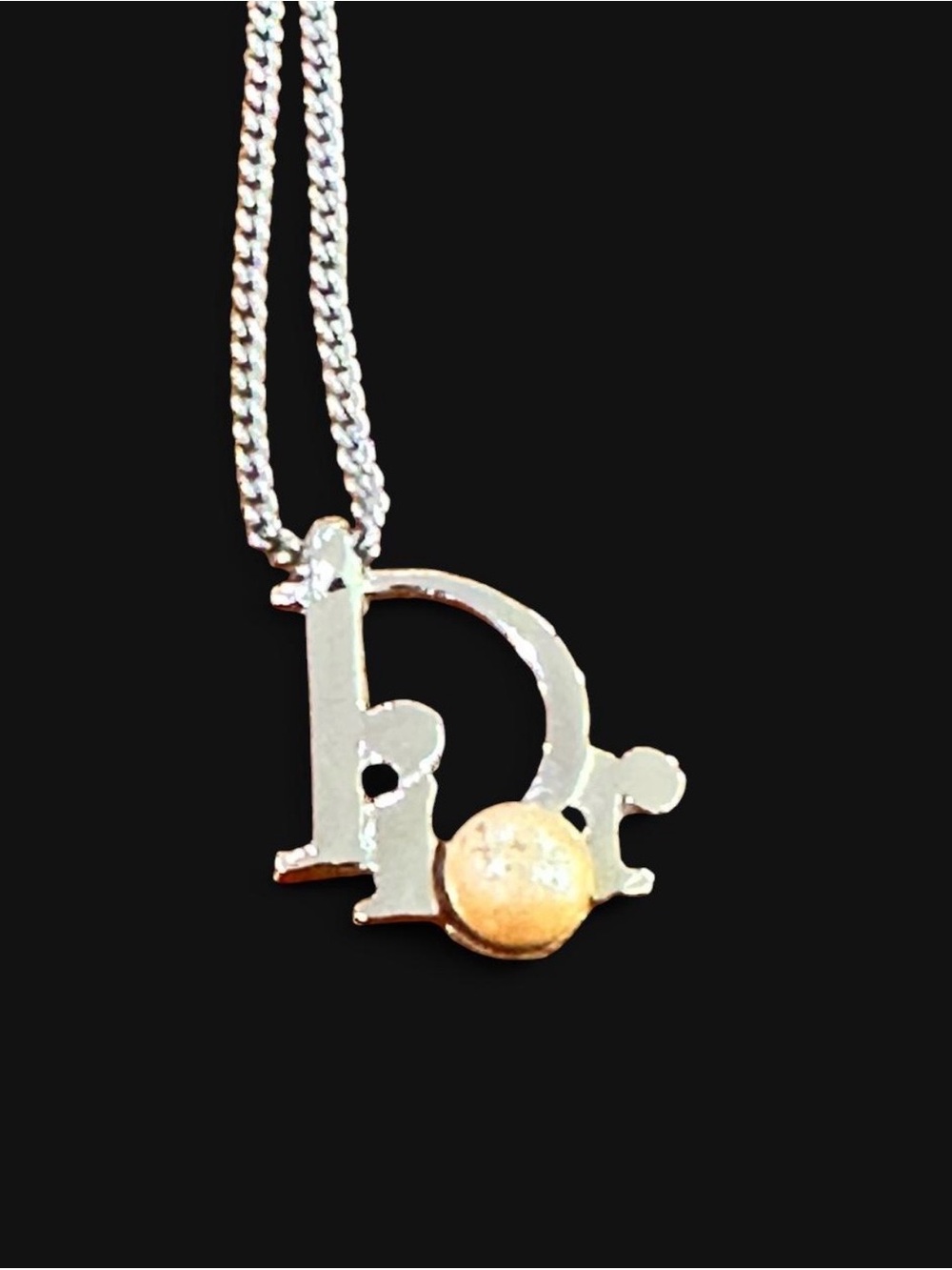 AUTHENTIC Vintage Christian Dior Openwork Logo Pearl Necklace Silver